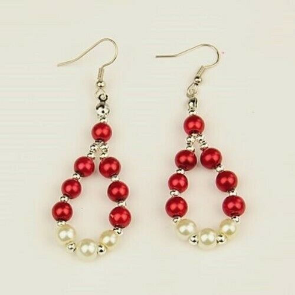 Handcrafted Red White Silver Beads Teardrop Dangle Earrings